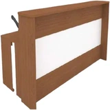 A wood-finished reception counter photographed from the back, showing the desk inside and a white front panel.