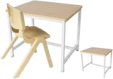 A small maple-topped desk on a white metal frame, photographed with a wooden chair and a stool that are not part of it.
