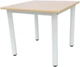 A square table with a pale maple top on four white metal legs.
