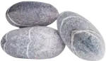 Three grey pillows shaped like smooth river stones.