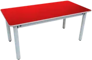 A rectangular table with a red top, a white rounded edge and four pale grey round legs.