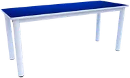 A long narrow rectangular table with a dark blue top.