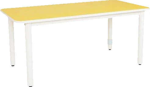 A rectangular table with a yellow flat top and four white round legs.