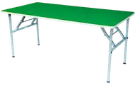 A rectangular table with a green top and folding metal legs.