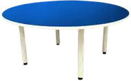 A round table with a blue top and four pale grey legs.