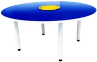 A round table with a blue top and a yellow basket set into the centre.