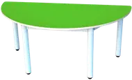 A half round table with a green top and pale grey legs.