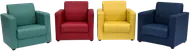 Four small upholstered armchairs, in teal, red, yellow and dark blue.