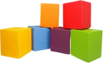 Cube shaped upholstered stools in orange, blue, red, green and yellow.