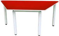 A trapezoid table with a red top and four pale grey legs.