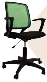 A swivel office chair with a green mesh back, a black padded seat and black arm rests, on a five-star base with castors.