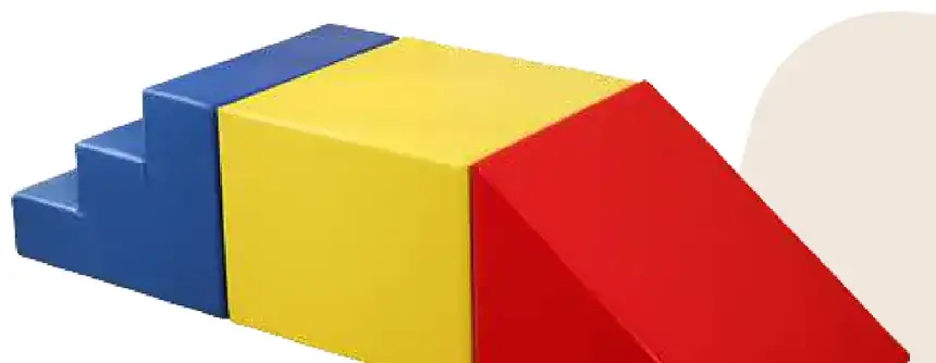 Blue steps up to a yellow block, with a red wedge slide off the end.