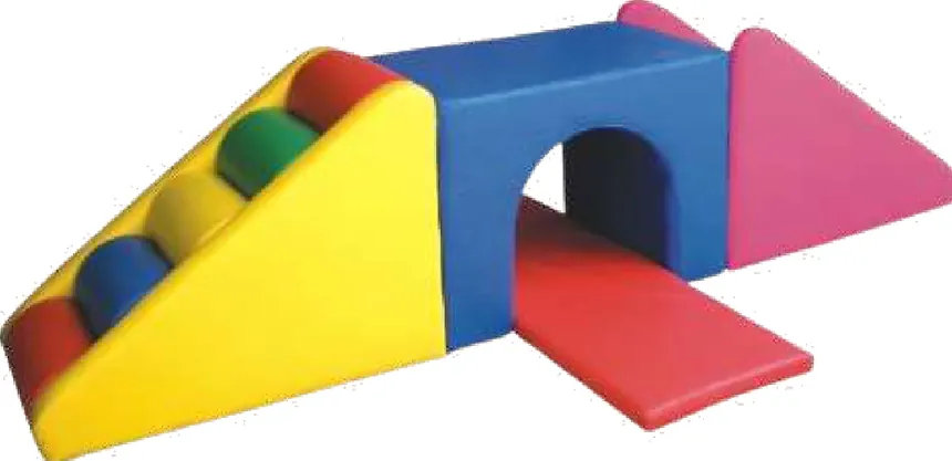 A yellow ramp set with coloured bumps, a blue tunnel block and a pink slide.