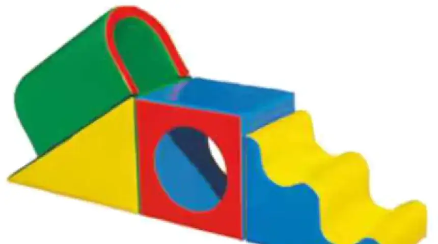 A green ramp, a red block with a round window, and yellow wavy steps.