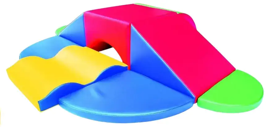 A pink and blue wave climber with a yellow ramp and a green landing.