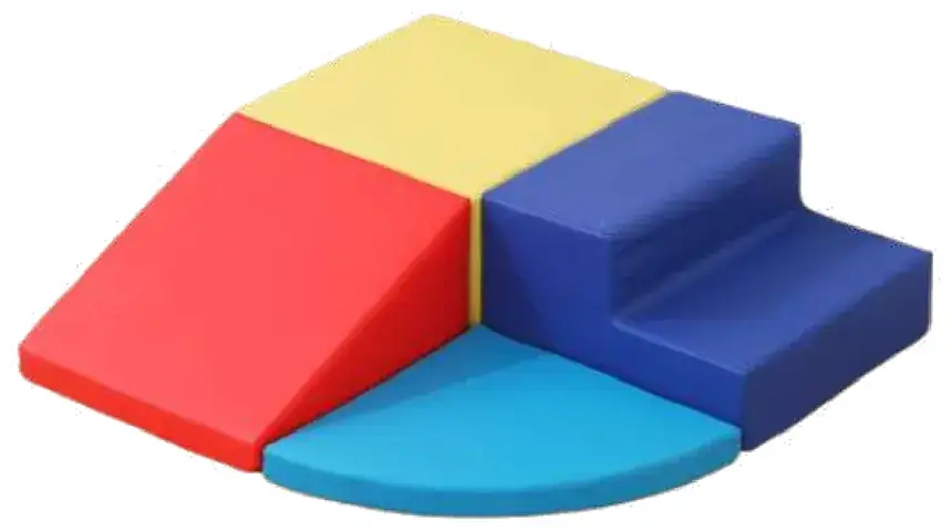 A red wedge, a blue step and a pale blue quarter block.