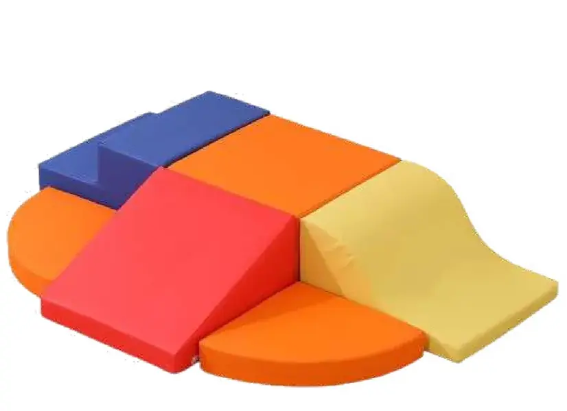 An orange wedge, a red block and a yellow curved slide.