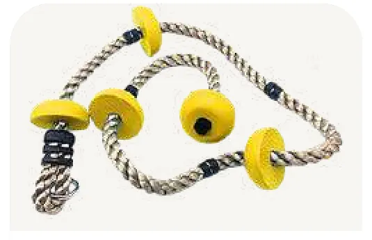 A knotted climbing rope strung with yellow plastic discs.