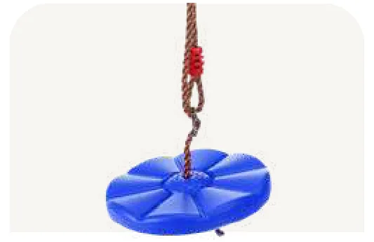 A blue fluted disc on a single knotted rope.