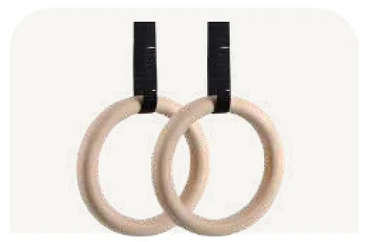 A pair of plain wooden gymnastic rings on black webbing straps.