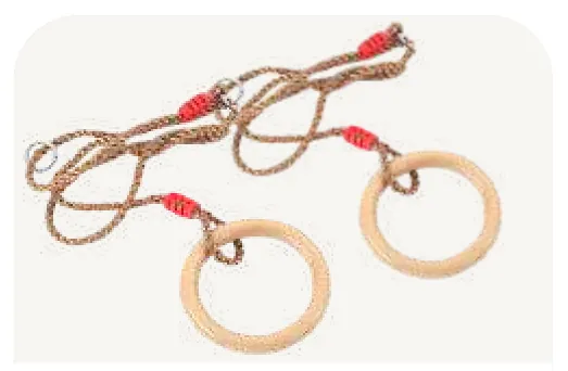 A pair of wooden rings on rope, with red fittings.