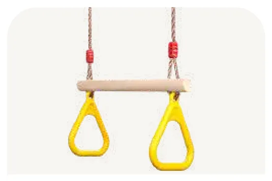 A wooden bar with a yellow plastic triangle hanging at each end.