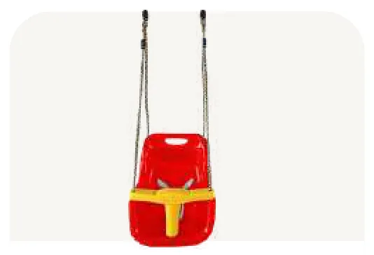 A red moulded seat with a front bar, hung on two ropes.