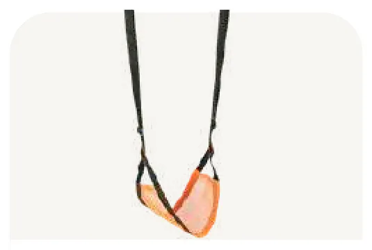 An orange mesh seat slung between two black straps.