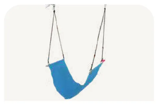 A blue cloth sling hung from a single point.
