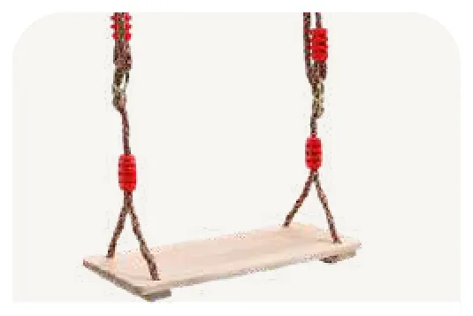 A flat wooden plank seat on two ropes with red fittings.