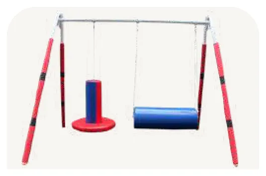 A red A frame carrying a red flexion disc and a blue bolster.
