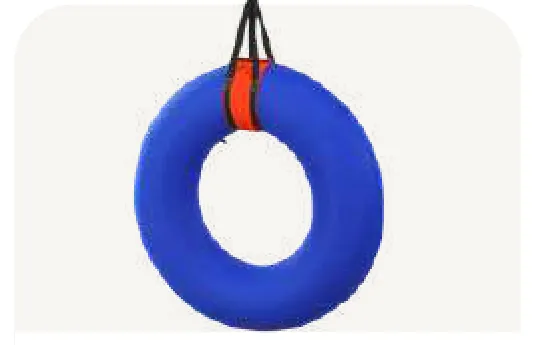 A thick blue padded ring hung from a red strap.