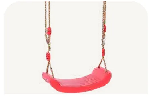 A red flat plastic seat on two ropes.