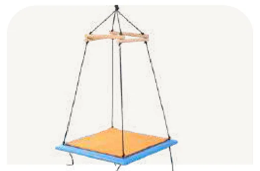 A square platform with a blue base, hung from four cords to a wooden spreader.