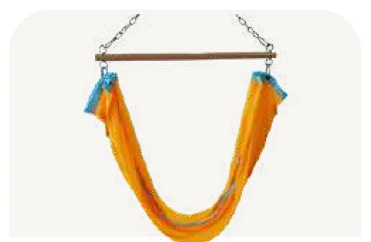 An orange net slung under a blue padded spreader bar.