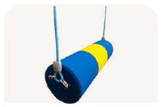 A blue and yellow padded roll hung level on two cords.