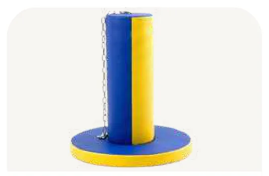 A blue padded column standing on a yellow disc base.
