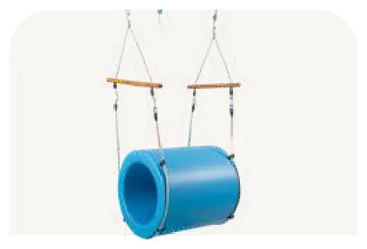 A short blue barrel hung level from a wooden spreader.