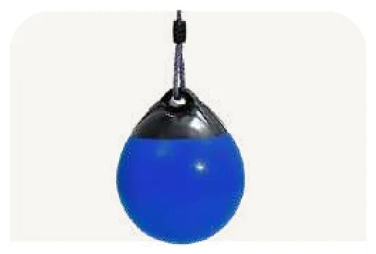 A blue and black buoy on a single hanging point.