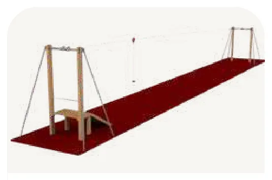 A dark red runway with a wooden seat and a cable line above it.