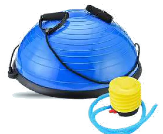 A blue half dome balance trainer with two pull cords and a foot pump.