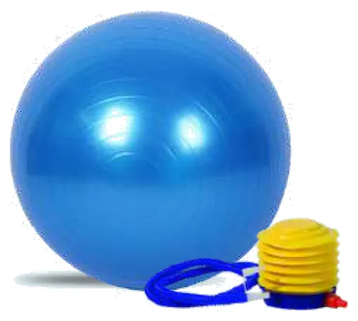 A plain blue exercise ball with a yellow foot pump.