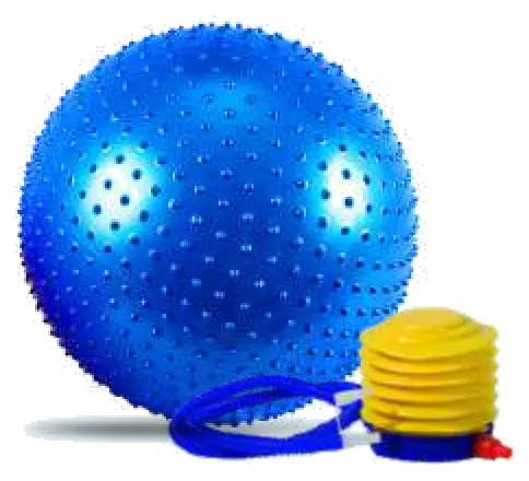 A blue exercise ball covered in short spikes, with a foot pump.