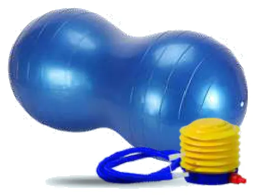 A blue peanut shaped exercise ball with a foot pump.
