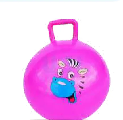 A pink hopper ball with a printed zebra face and a loop handle.