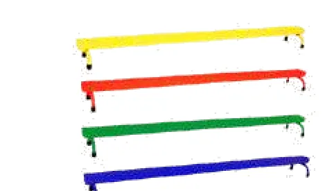 Four low balance beams in yellow, red, green and blue.