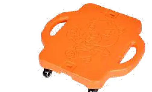 An orange moulded board on four castors with two hand holes.