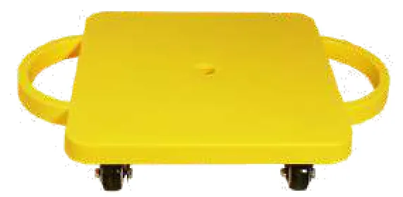 A yellow square board on four castors with two grab handles.