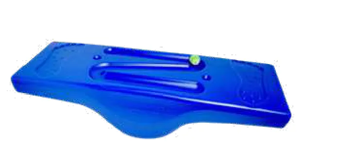 A blue moulded rocker with a ribbed standing surface.