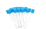 Five blue foam swab heads on clear stems.